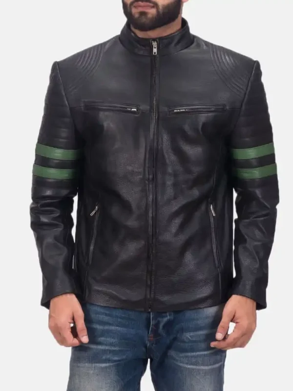 Band Collar Cowhide Leather Jacket with Green Stripes