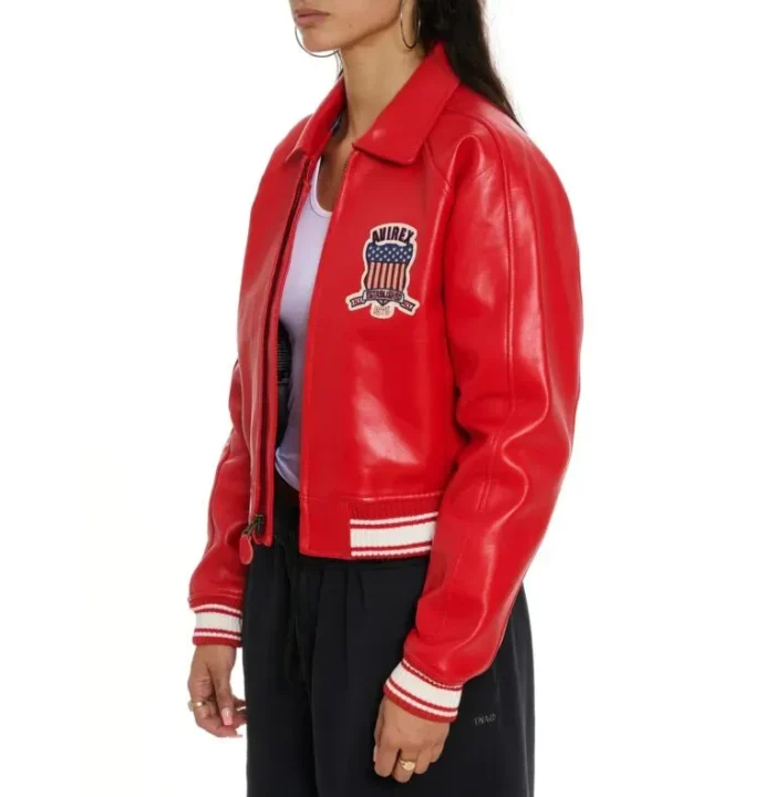 AVIREX CROPPED RED ICON LEATHER JACKET