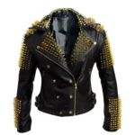 Black Heavy Metal Gold Studs Motorbike Leather Jacket Women