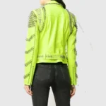 Brando Green Spiked Leather Lapel Fastener Women Studded Jacket