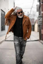 Brown Fringe Suede Leather Jacket Men