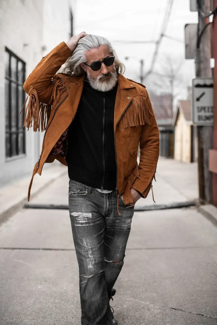 Brown Fringe Suede Leather Jacket Men