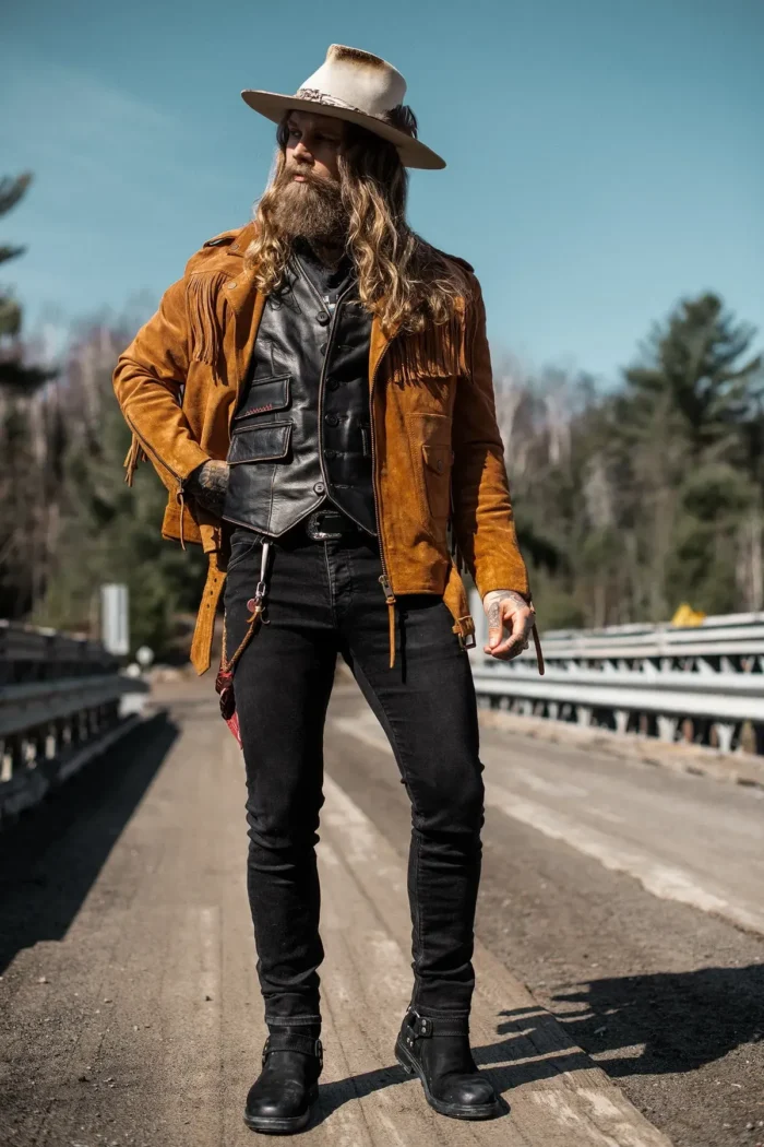 Brown Fringe Suede Leather Jacket Men