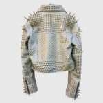 Comfortable White Color Brando Metal Spiked Leather Round Studs Jacket