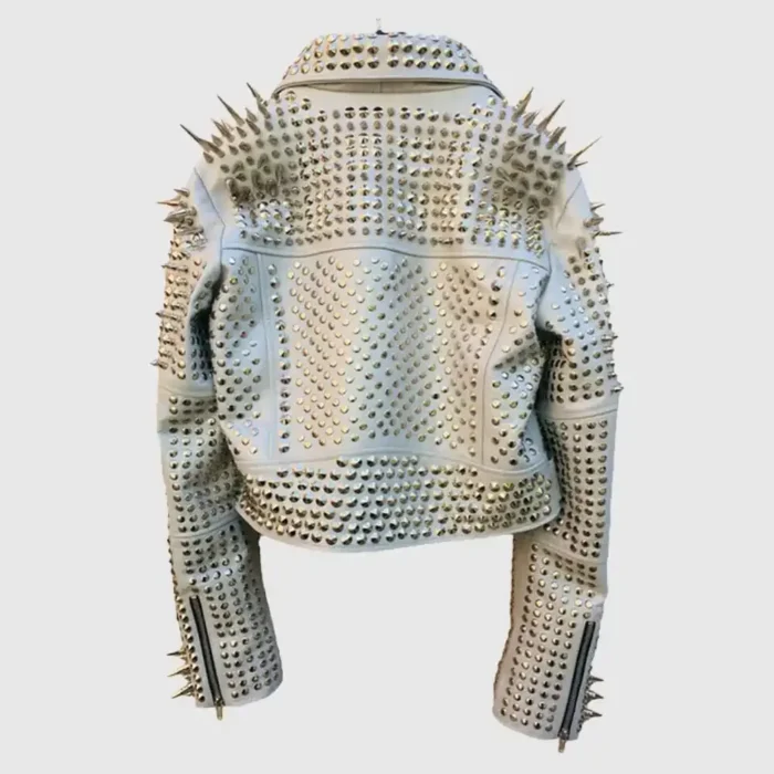 Comfortable White Color Brando Metal Spiked Leather Round Studs Jacket