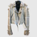 Comfortable White Color Brando Metal Spiked Leather Round Studs Jacket