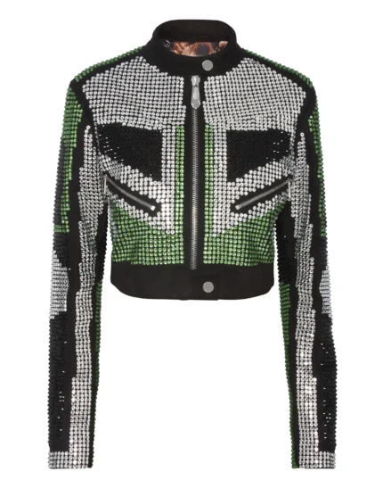 Cropped Leather Biker Jacket Strass