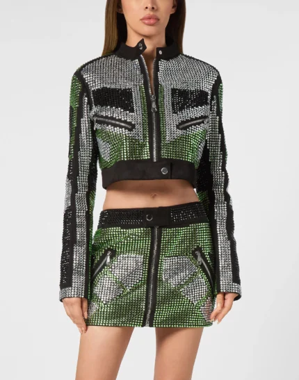 Cropped Leather Biker Jacket Strass