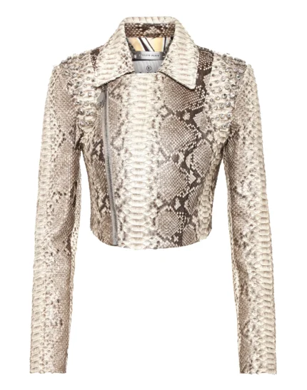 Cropped Python Leather Biker Jacket LS Flame