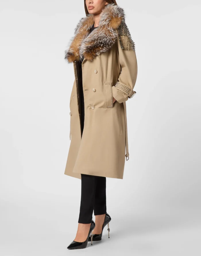Gabardine Trench Coat With Fur Collar