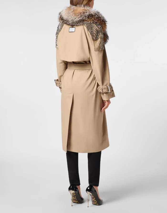 Gabardine Trench Coat With Fur Collar