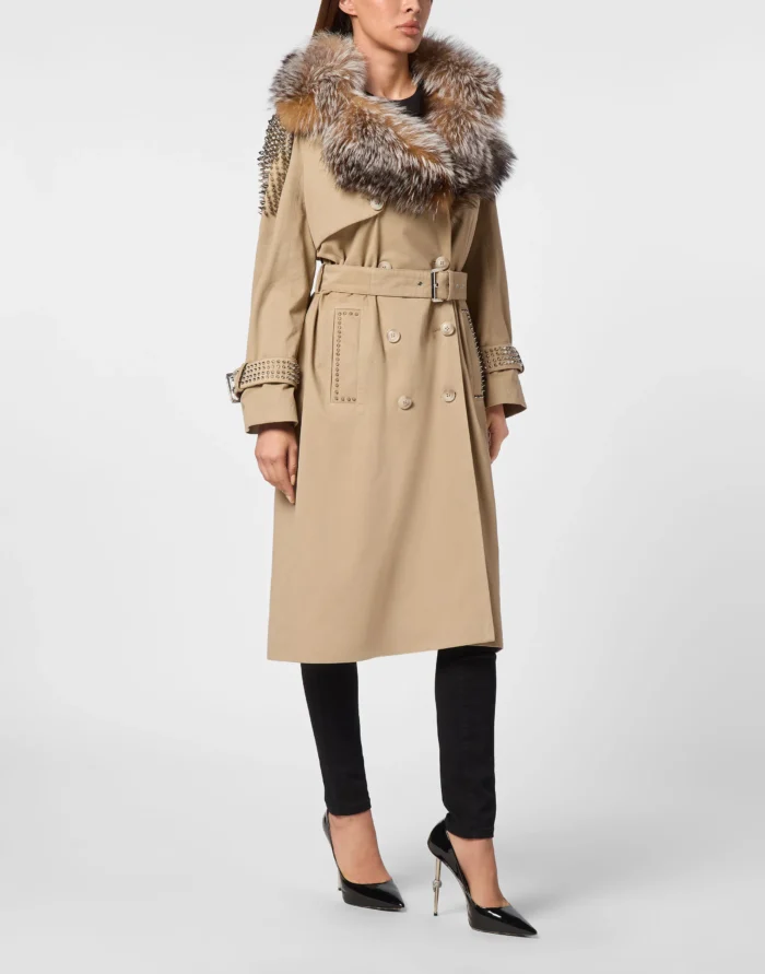 Gabardine Trench Coat With Fur Collar