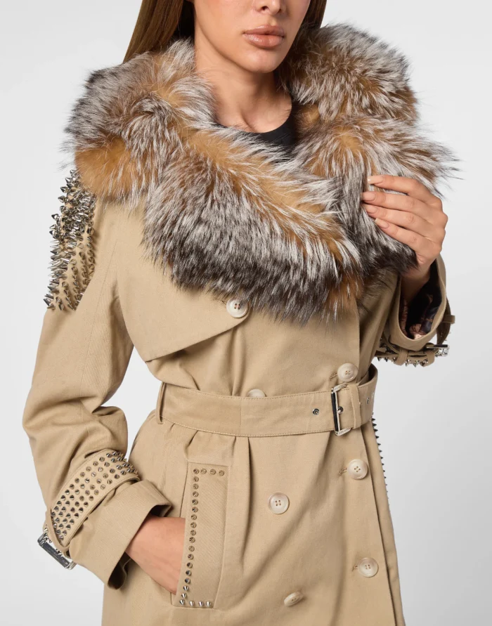 Gabardine Trench Coat With Fur Collar