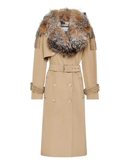 Gabardine Trench Coat With Fur Collar