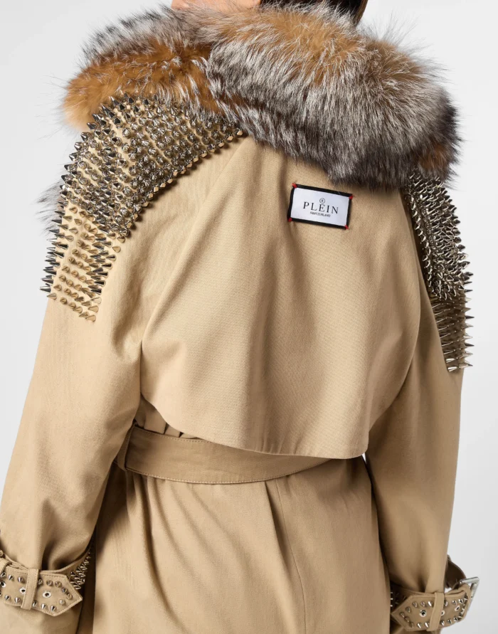Gabardine Trench Coat With Fur Collar