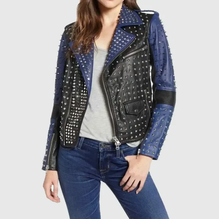 Handmade Women Two Color Punk Style Studded Leather Jacket
