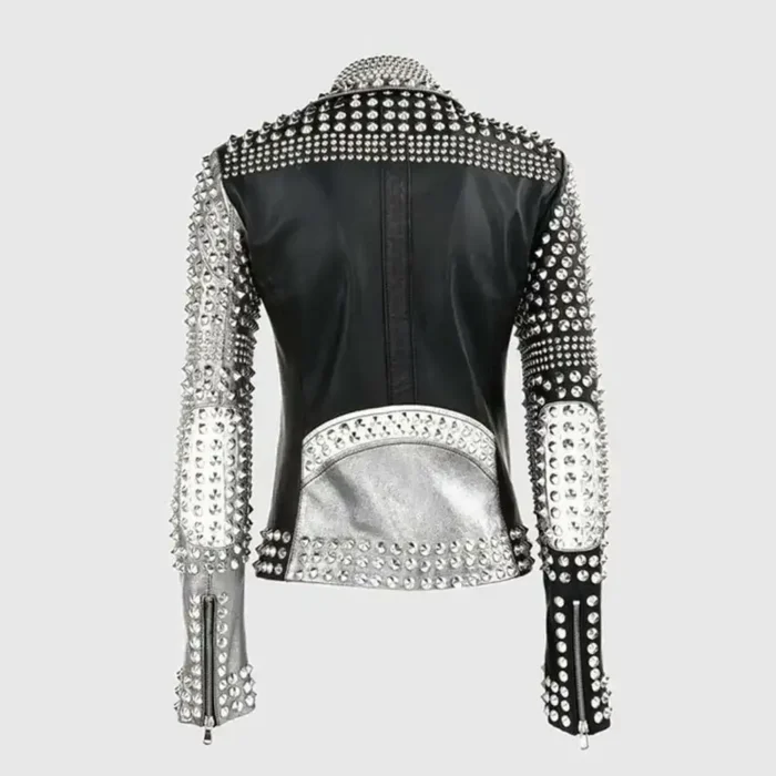 Ladies Brando Silver Black Cone Studded Leather Zippered Gothic Jacket