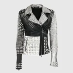 Ladies Brando Silver Black Cone Studded Leather Zippered Gothic Jacket