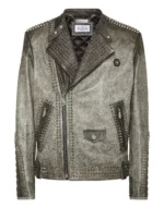 Leather Biker Jacket With Patch Studs