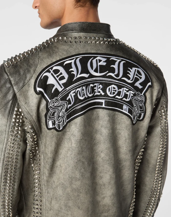 Leather Biker Jacket With Patch Studs