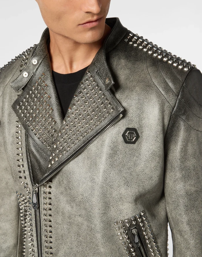 Leather Biker Jacket With Patch Studs