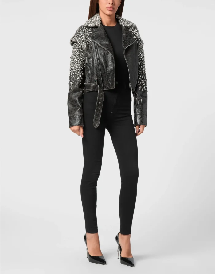 Leather Cropped Biker Jacket LS Strass