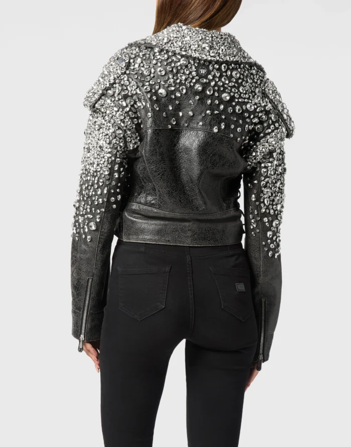 Leather Cropped Biker Jacket LS Strass