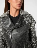 Leather Cropped Biker Jacket LS Strass