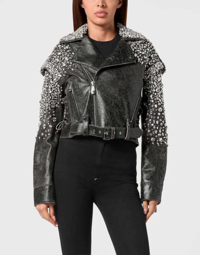 Leather Cropped Biker Jacket LS Strass