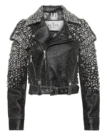 Leather Cropped Biker Jacket LS Strass