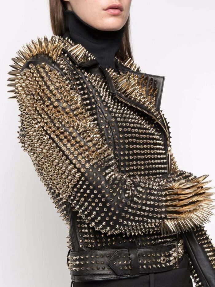 Long Studs Leather Jacket, Rock style