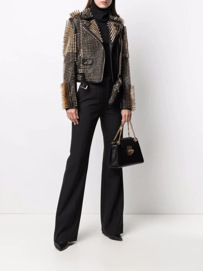 Long Studs Leather Jacket, Rock style