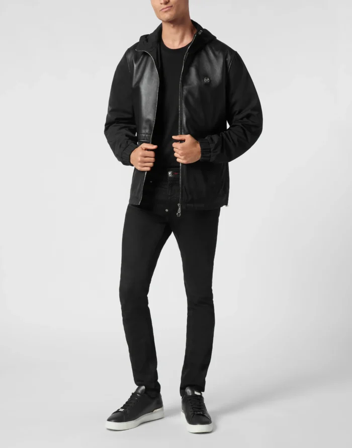Nylon/Leather Hooded Jacket LS