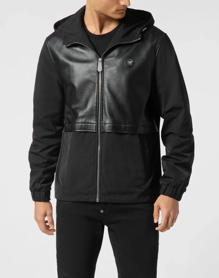 Nylon/Leather Hooded Jacket LS