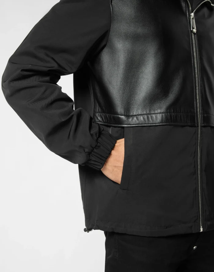 Nylon/Leather Hooded Jacket LS