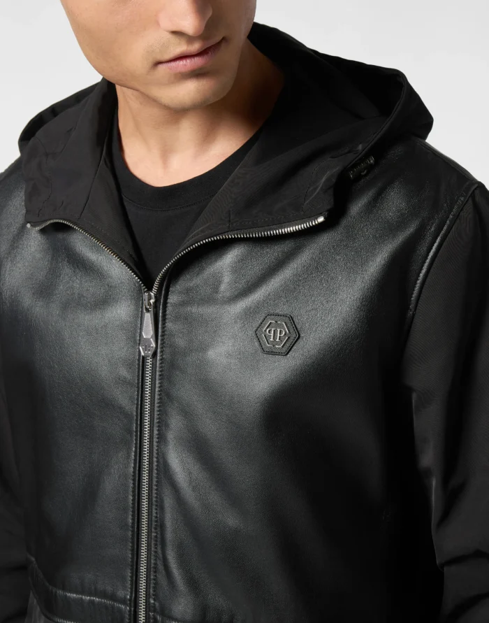 Nylon/Leather Hooded Jacket LS