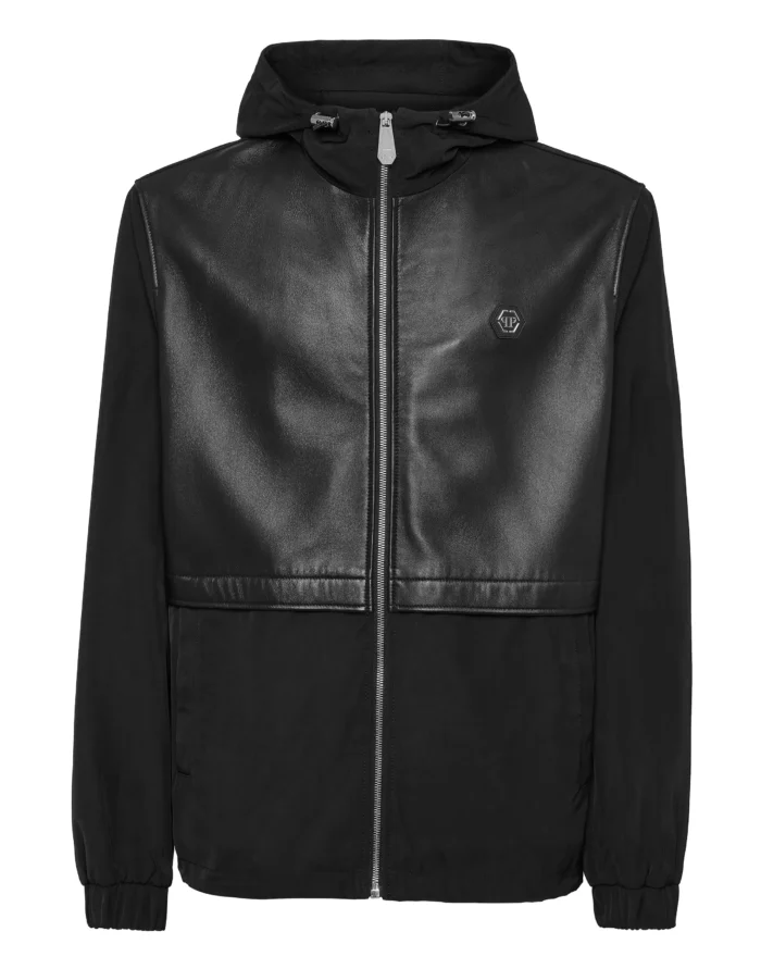 Nylon/Leather Hooded Jacket LS