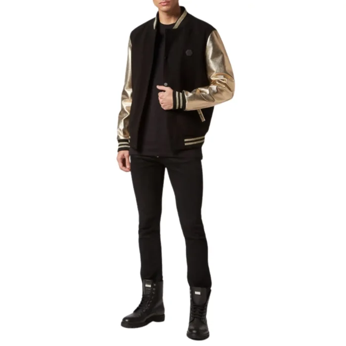 PHILIPP PLEIN WOOL COLLEGE BOMBER JACKET WITH LEATHER ARMS