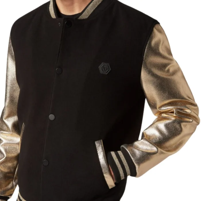 PHILIPP PLEIN WOOL COLLEGE BOMBER JACKET WITH LEATHER ARMS