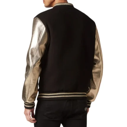 PHILIPP PLEIN WOOL COLLEGE BOMBER JACKET WITH LEATHER ARMS