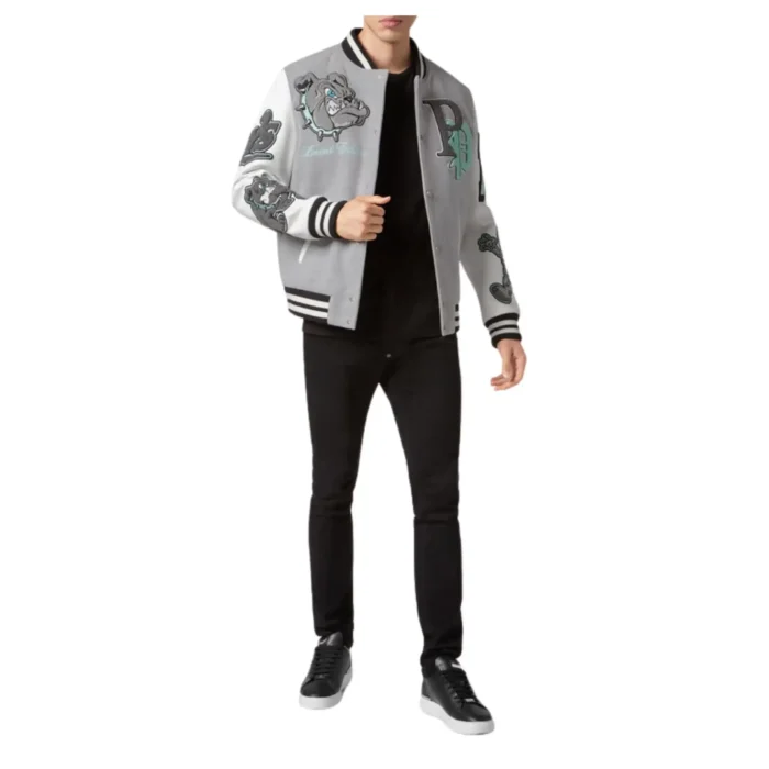 PHILIPP PLEIN WOOLEN CLOTH COLLEGE BOMBER WITH LEATHER ARMS BULLDOGS