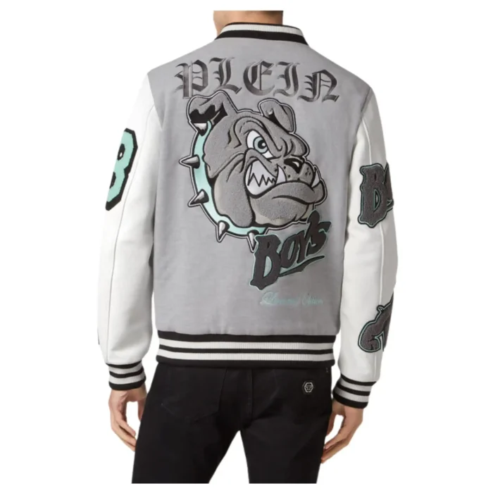 PHILIPP PLEIN WOOLEN CLOTH COLLEGE BOMBER WITH LEATHER ARMS BULLDOGS