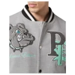 PHILIPP PLEIN WOOLEN CLOTH COLLEGE BOMBER WITH LEATHER ARMS BULLDOGS