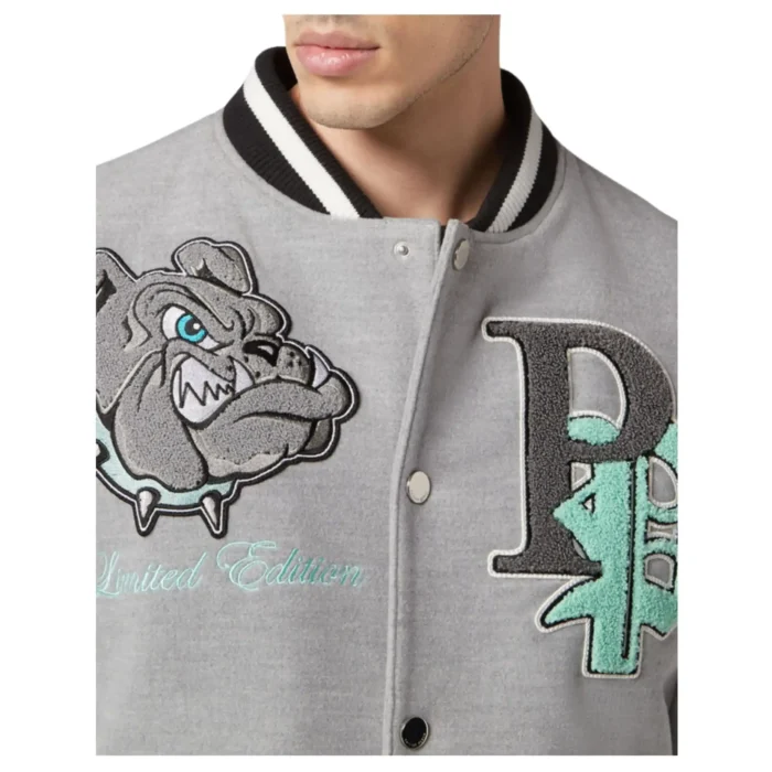 PHILIPP PLEIN WOOLEN CLOTH COLLEGE BOMBER WITH LEATHER ARMS BULLDOGS