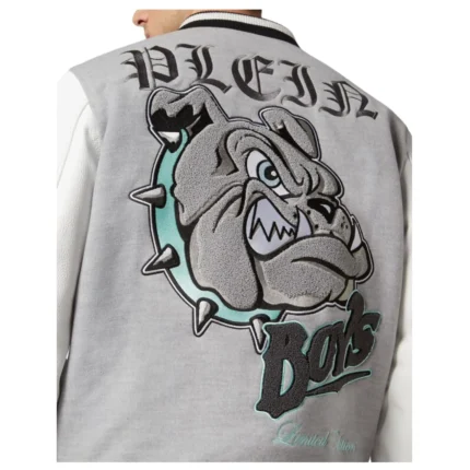 PHILIPP PLEIN WOOLEN CLOTH COLLEGE BOMBER WITH LEATHER ARMS BULLDOGS