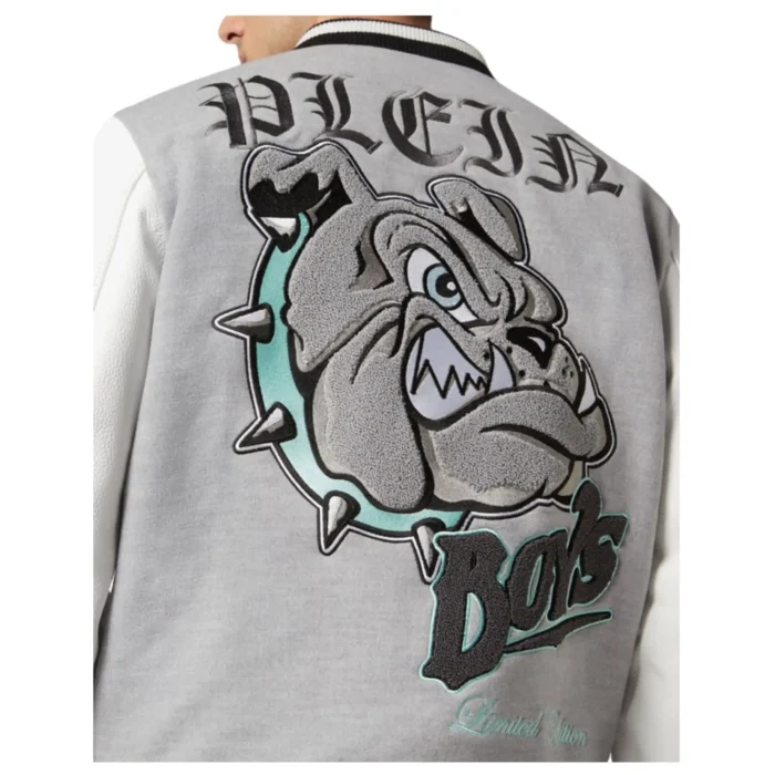 PHILIPP PLEIN WOOLEN CLOTH COLLEGE BOMBER WITH LEATHER ARMS BULLDOGS