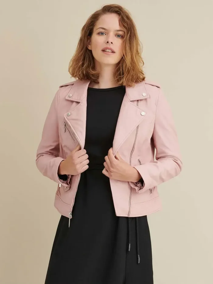 Pink Leather Jacket Women, Genuine Leather