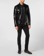Python Zipped Leather Moto Jacket