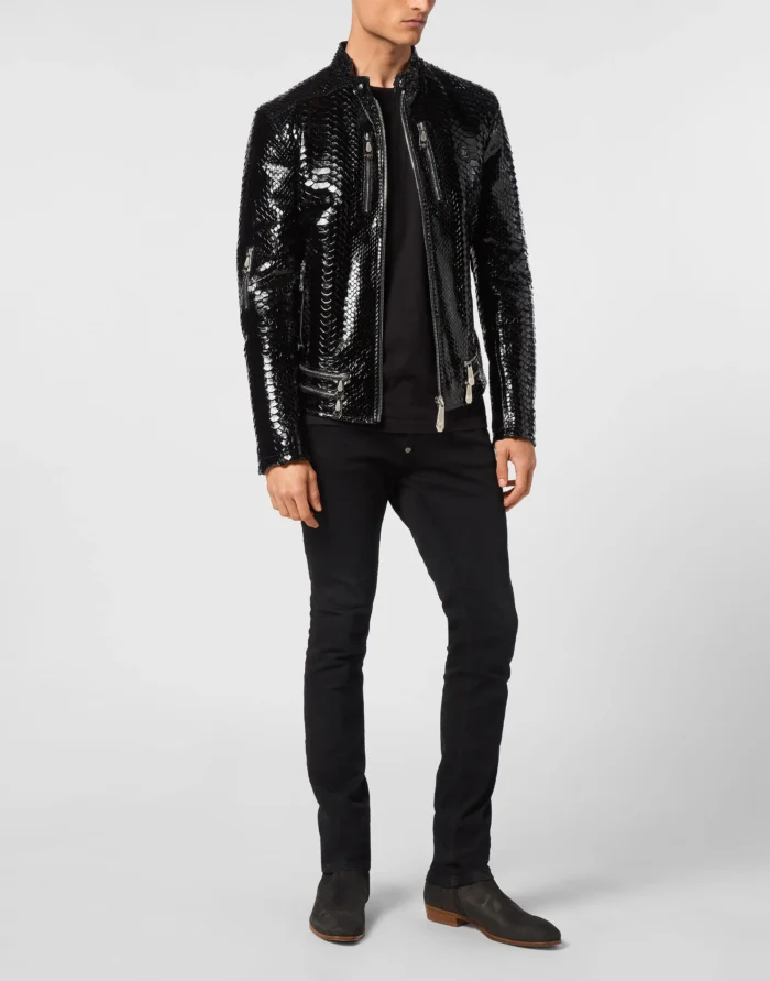 Python Zipped Leather Moto Jacket