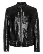 Python Zipped Leather Moto Jacket